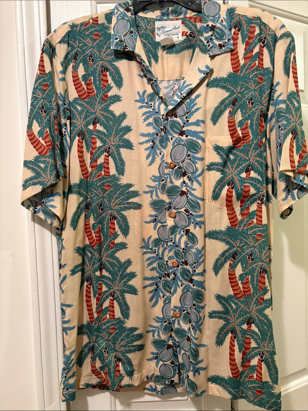 Vintage Diamond Head Beige Short-Sleeve Button-Up with Teal & Rust Palm Print